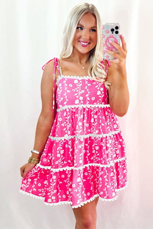 Pink Floral Print Ric Rac Patched Sleeveless Mini Dress